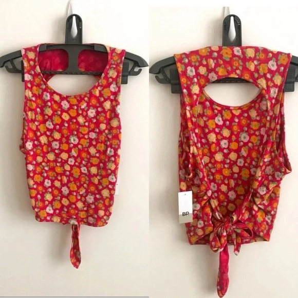 Y2K Retro BP Floral Crop Top Red Orange Pink Cut out back Sleeveless Boho - Picture 1 of 6
